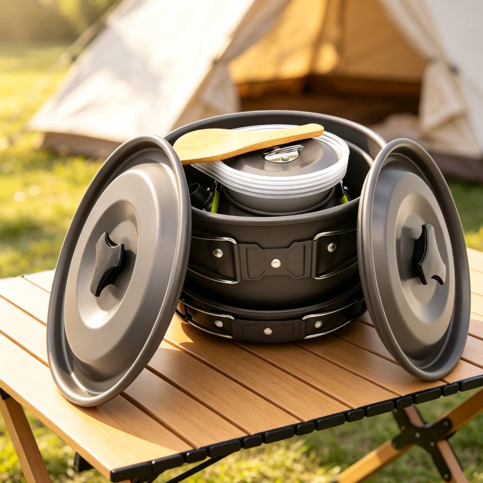 Nesting Camping Cooking Set - Camp Cooking Kit with Kettle Foldable