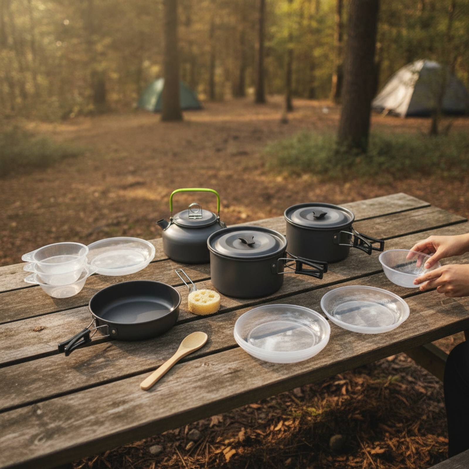 Nesting Camping Cooking Set - Camp Cooking Kit with Kettle Space-Saving