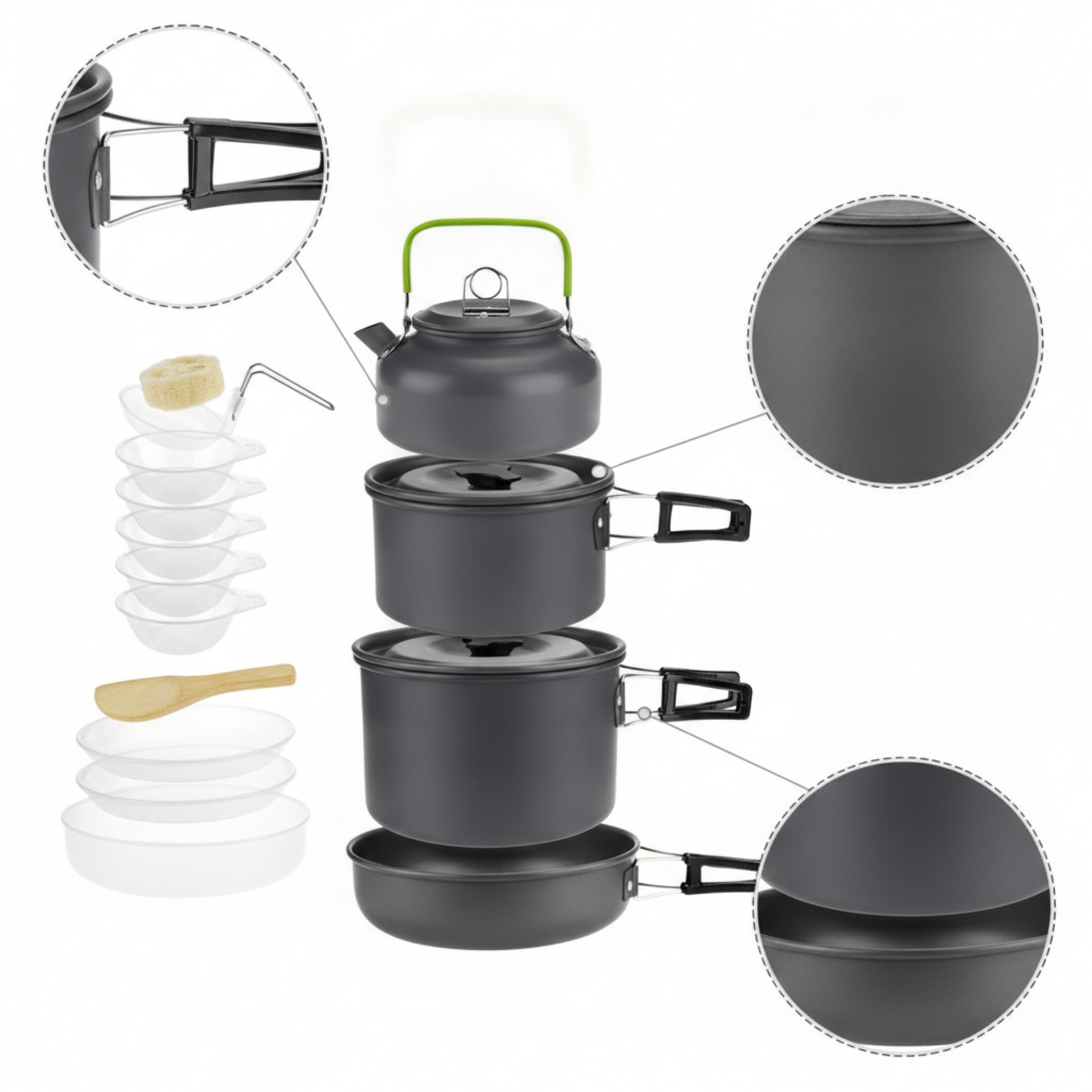 Nesting Camping Cooking Set - Camp Cooking Kit with Kettle Foldable