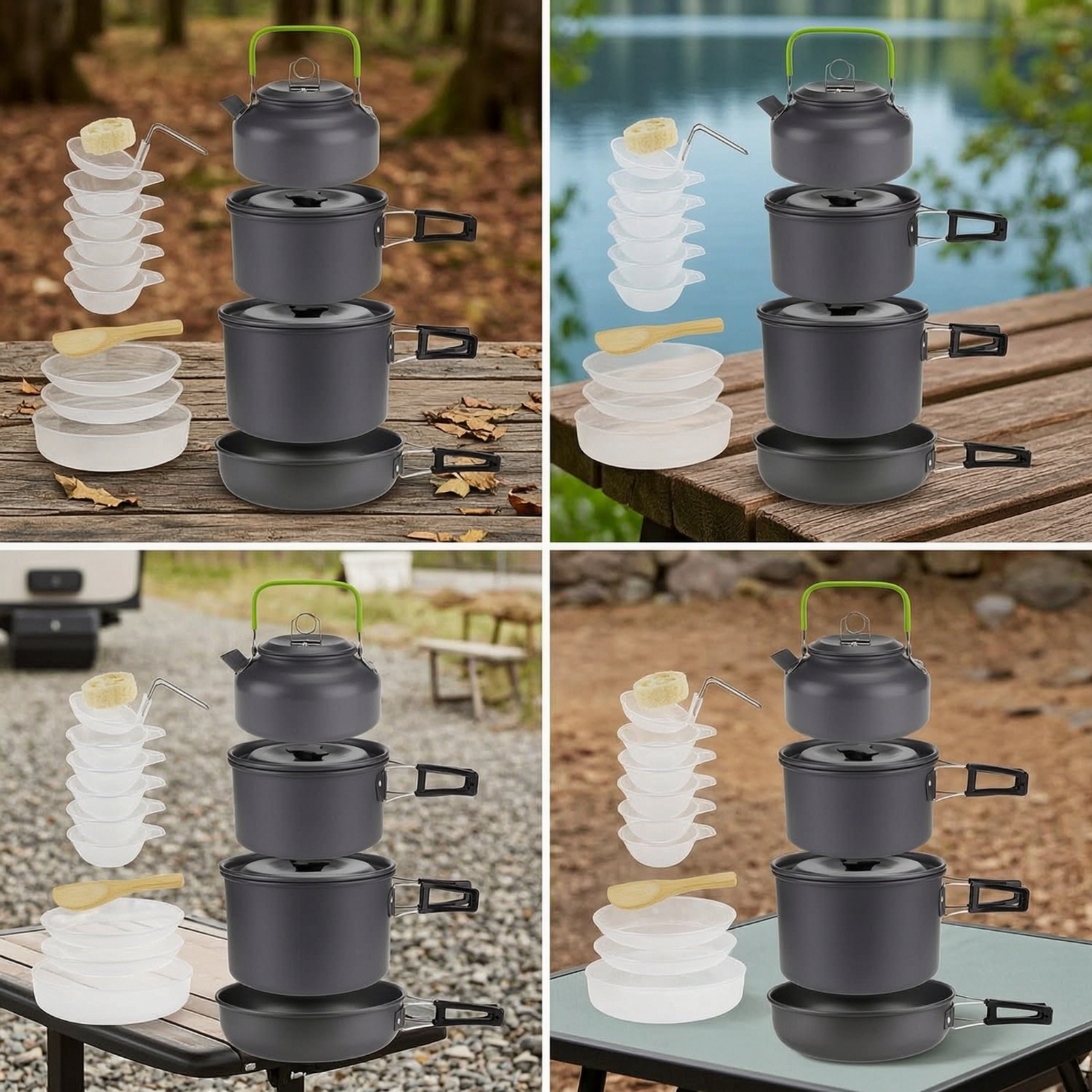 Nesting Camping Cooking Set - Camp Cooking Kit with Kettle Foldable