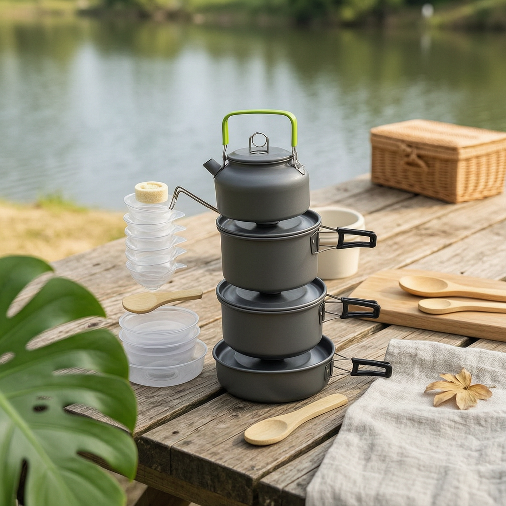 Nesting Camping Cooking Set - Camp Cooking Kit with Kettle Portable